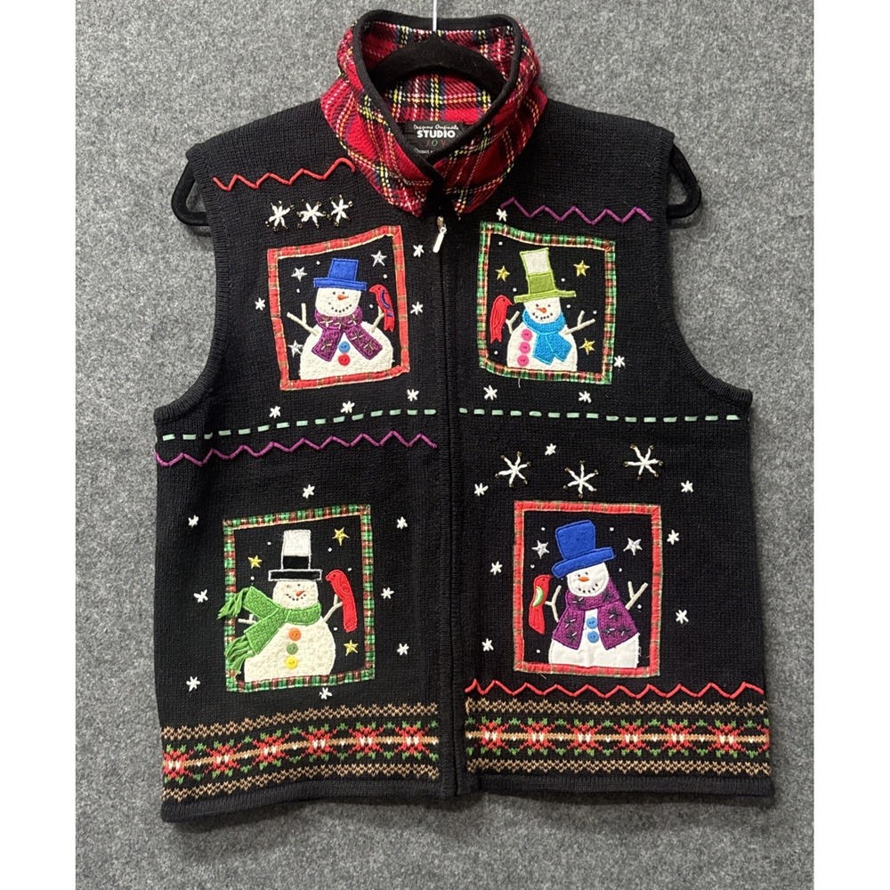 Designers Originals Studio Joy Christmas Snowman Sweater Vest Black Plaid L
